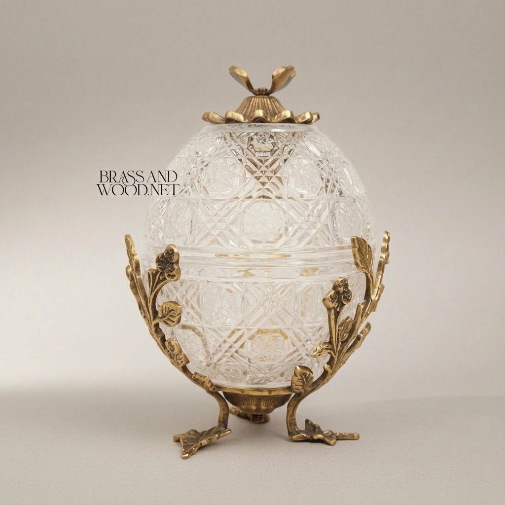 Fabergé-Inspired Crystal Egg Bonbonnière with Floral Brass Stand