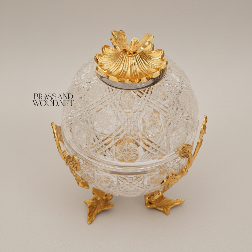 Fabergé-Inspired Crystal Egg Bonbonnière with Floral Brass Stand — Gold