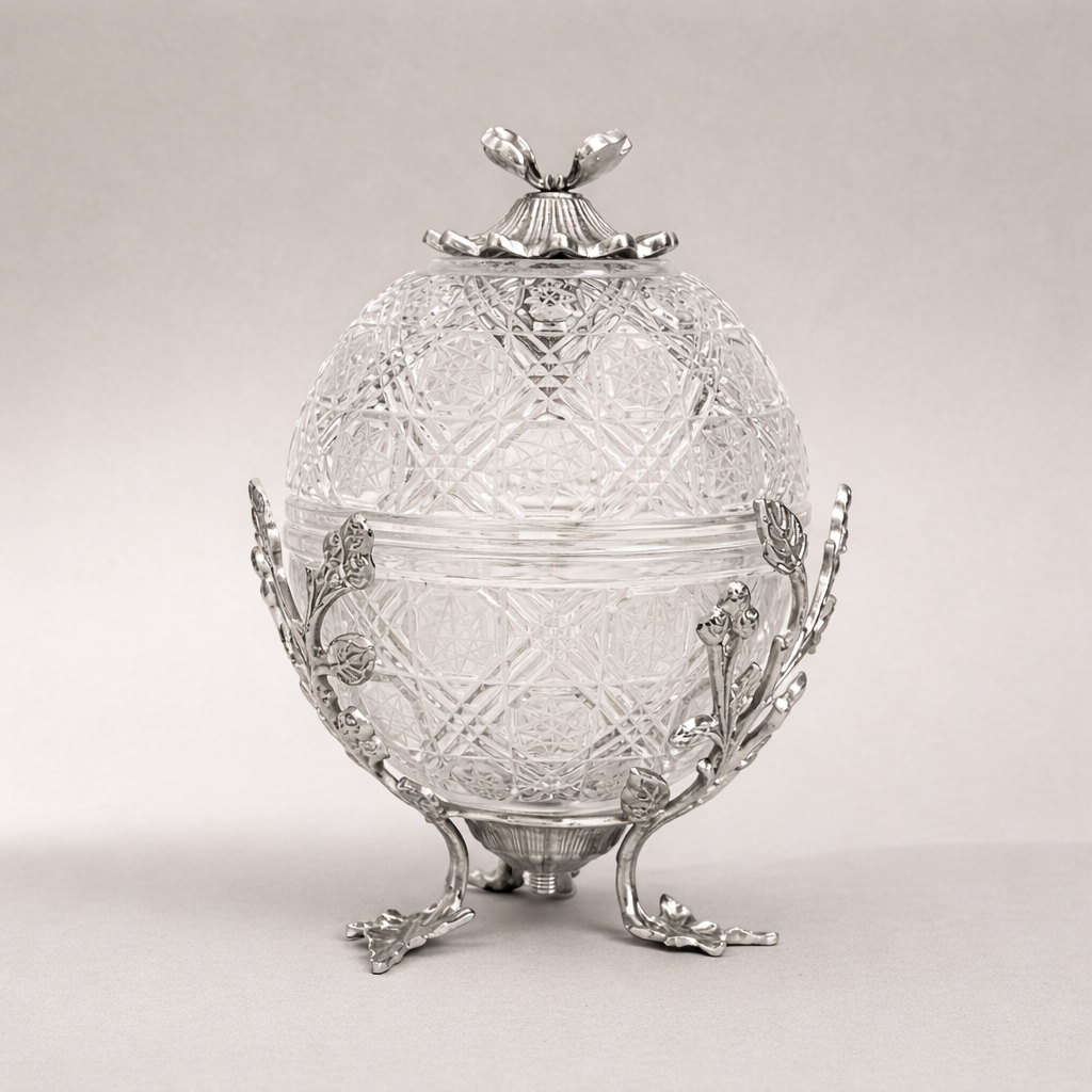 Fabergé-Inspired Crystal Egg Bonbonnière with Floral Brass Stand — Silver