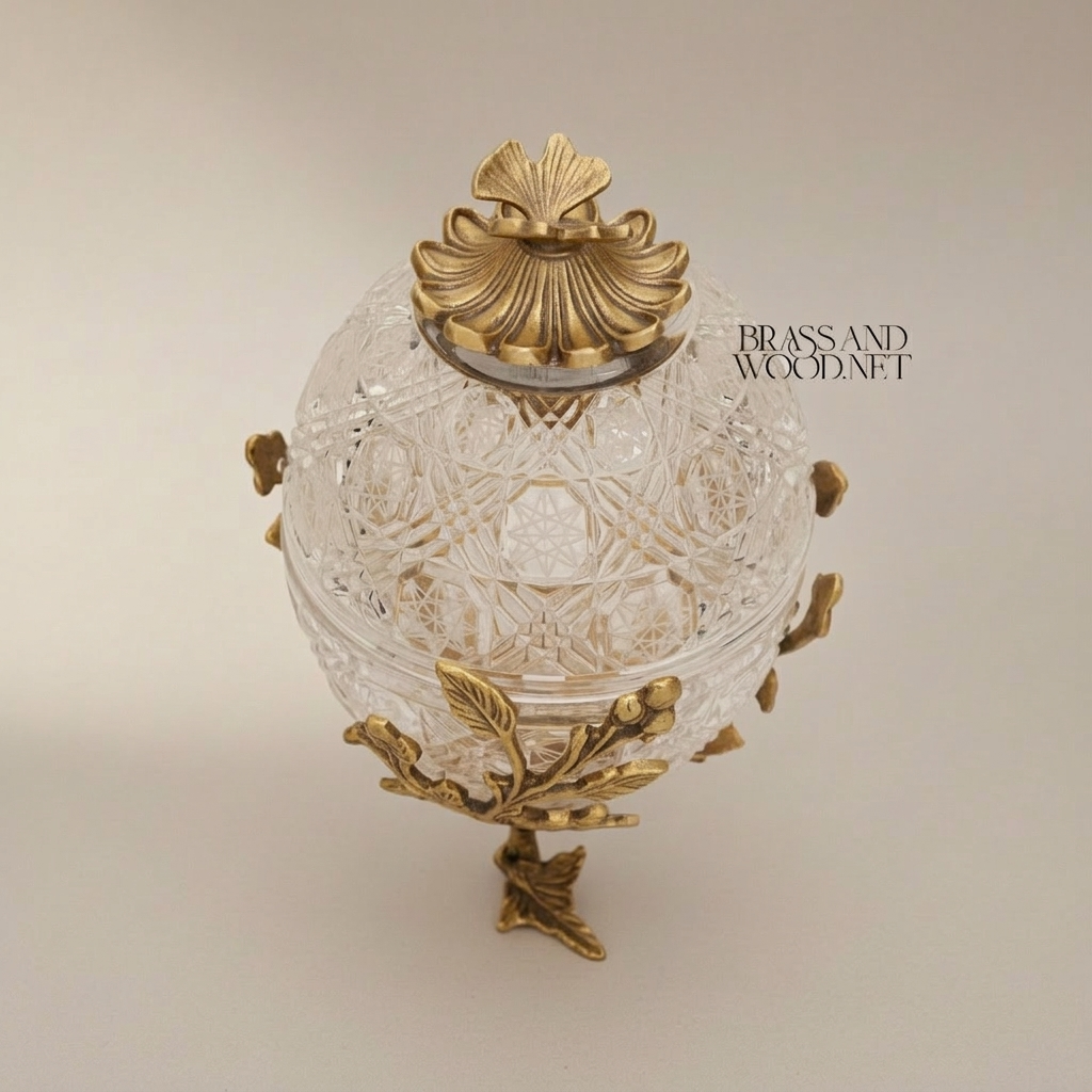 Fabergé-Inspired Crystal Egg Bonbonnière with Floral Brass Stand