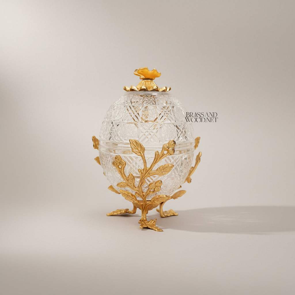 Fabergé-Inspired Crystal Egg Bonbonnière with Floral Brass Stand — Gold