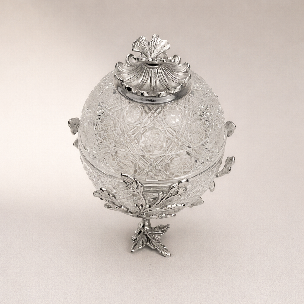 Fabergé-Inspired Crystal Egg Bonbonnière with Floral Brass Stand — Silver
