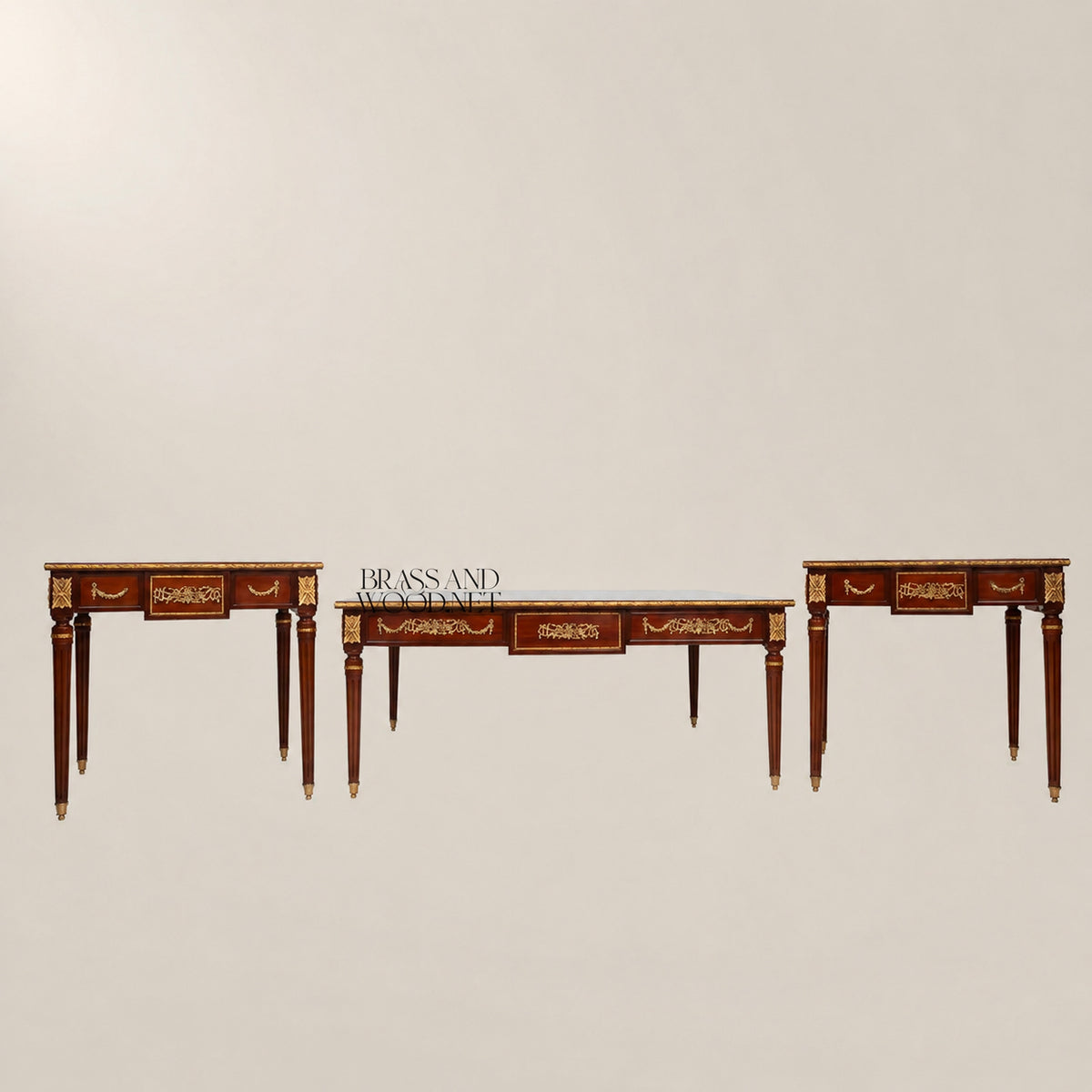 Turned Wood & Brass Coffee and Corner Table Set