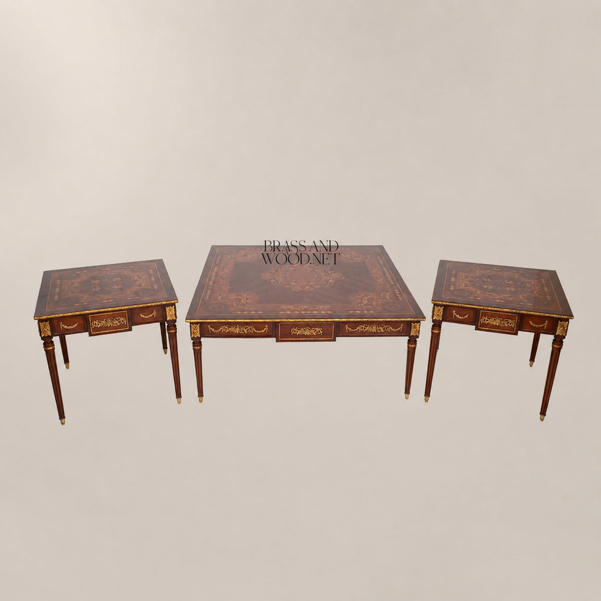 Turned Wood & Brass Coffee and Corner Table Set