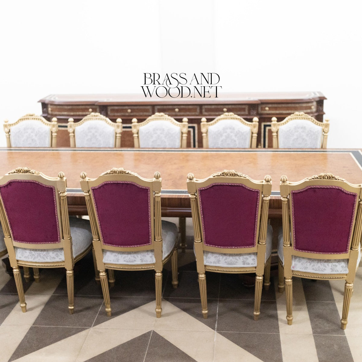 Louis XVI Damask Dining Suite — Table, Chairs & Buffet