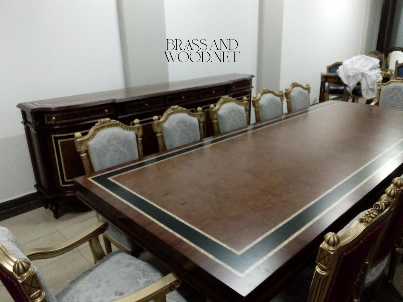 Louis XVI Damask Dining Suite — Table, Chairs & Buffet