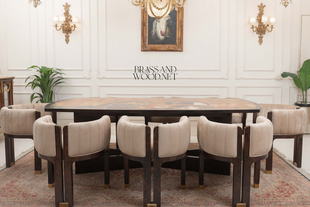 Art Marquetry Dining Suite with Channeled Velvet Chairs
