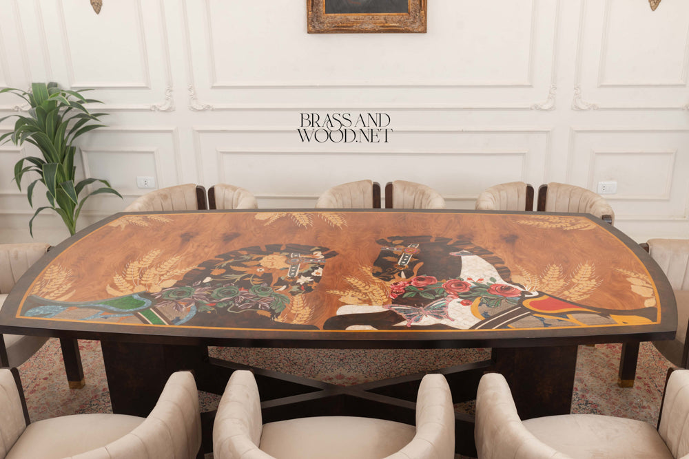 Art Marquetry Dining Suite with Channeled Velvet Chairs