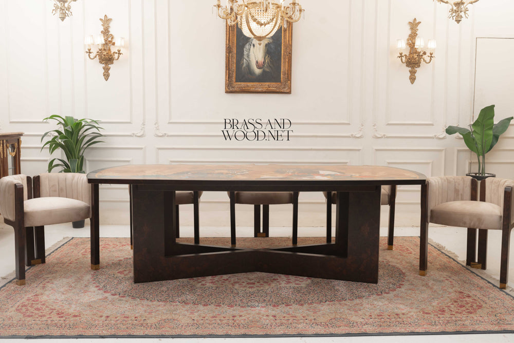 Art Marquetry Dining Suite with Channeled Velvet Chairs