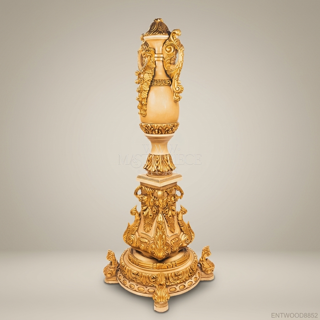 French Baroque Carved Urn Pedestal Column — Acanthus & Scroll Ceremonial Stand