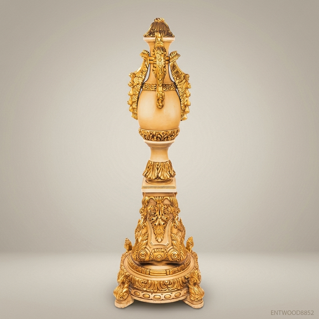French Baroque Carved Urn Pedestal Column — Acanthus & Scroll Ceremonial Stand