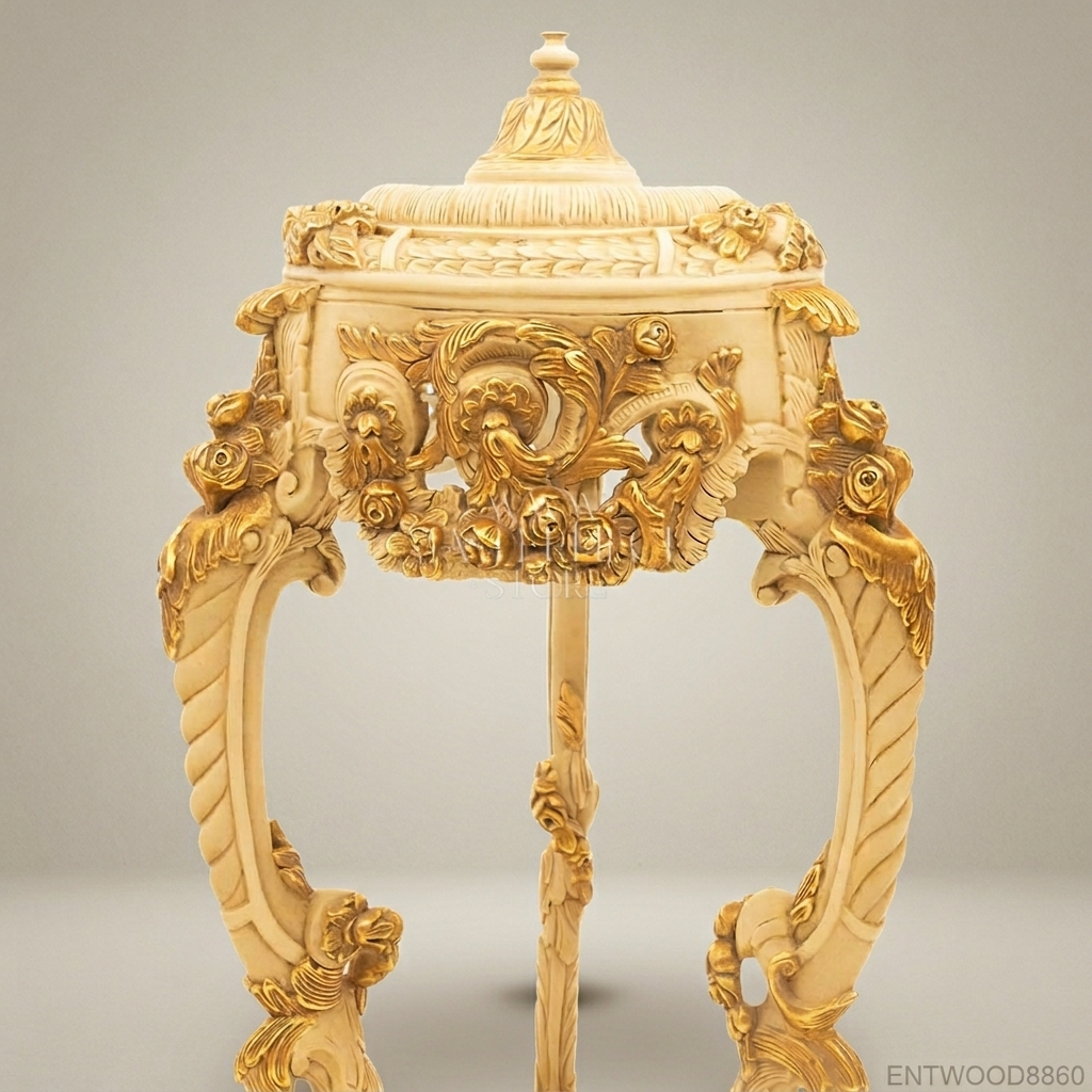 French Baroque Carved Wood Pedestal Stand – Eagle-Head Acanthus Column with Gold Highlights