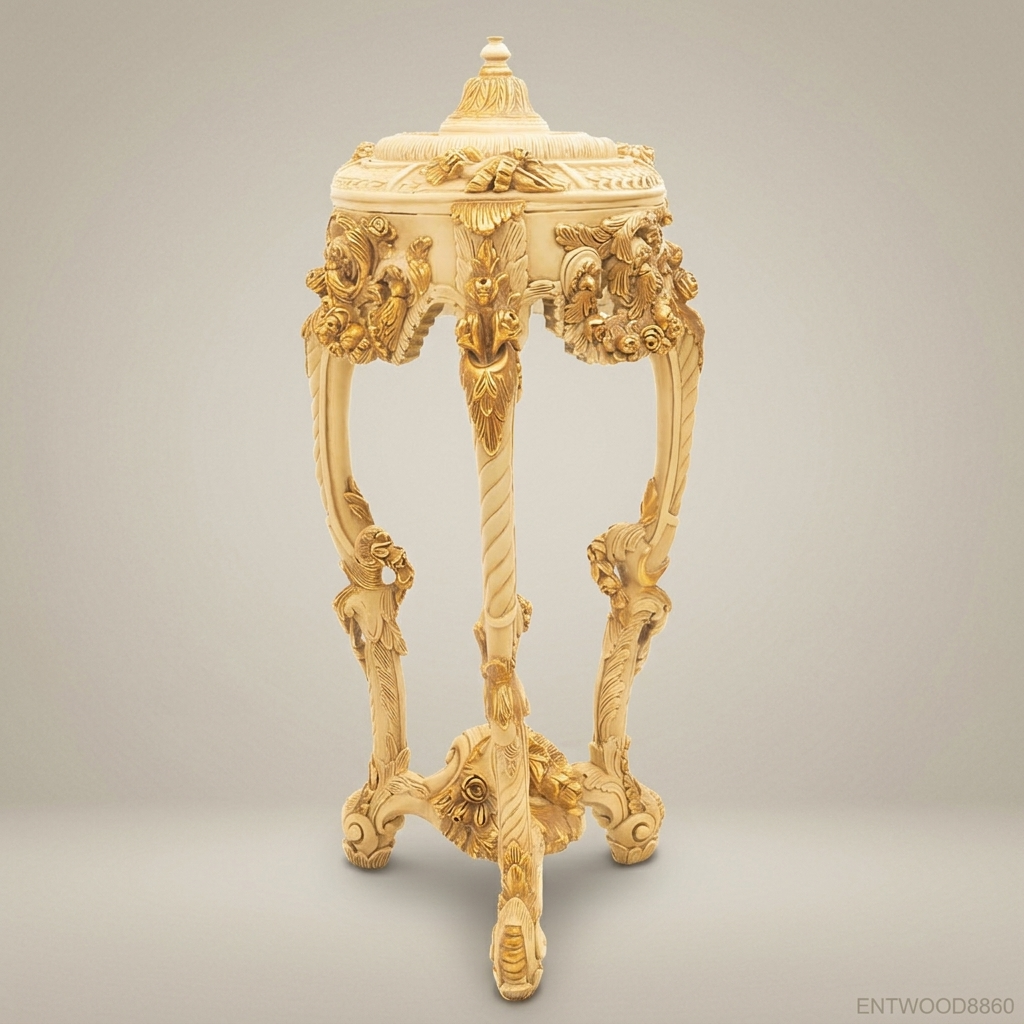 French Baroque Carved Wood Pedestal Stand – Eagle-Head Acanthus Column with Gold Highlights