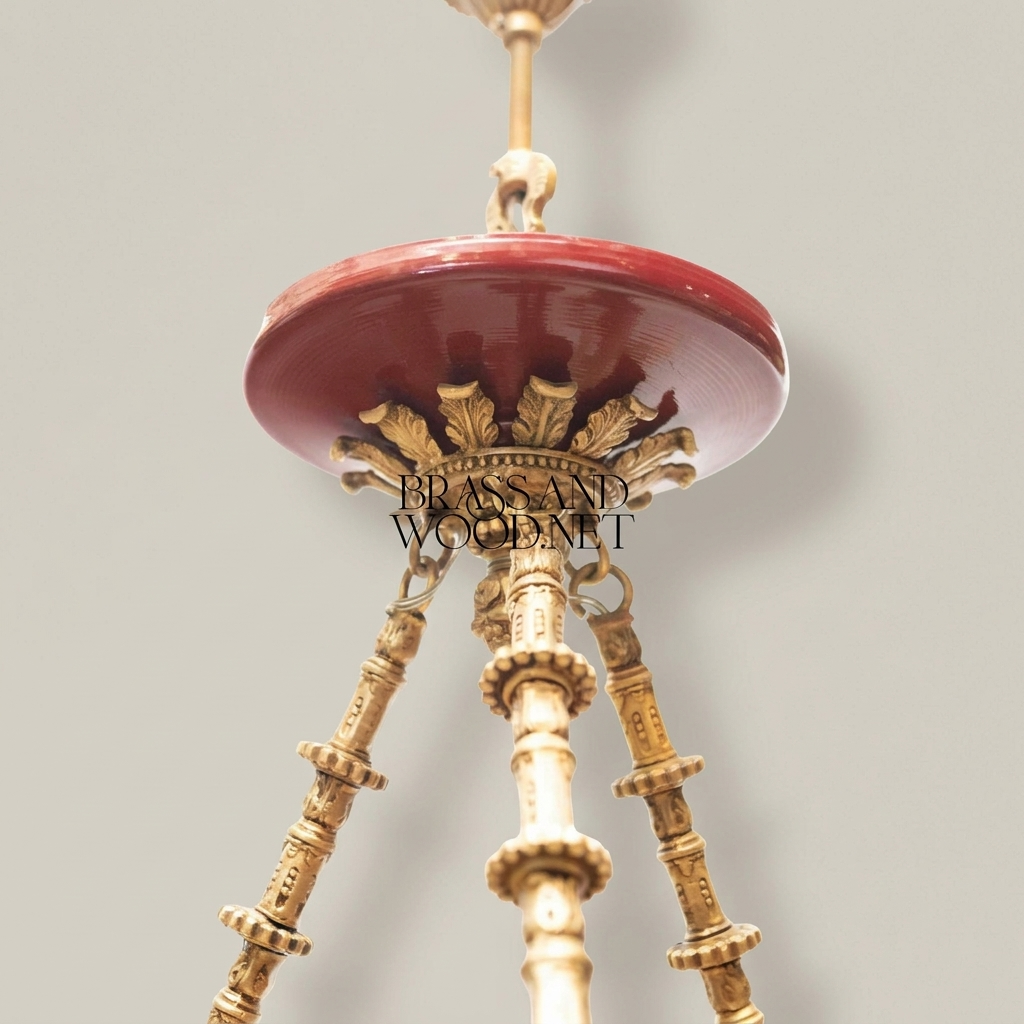 French Empire Six-Arm Chandelier with Wine Ceramic Bowl and Acanthus Brass Mounts — Antique Gold