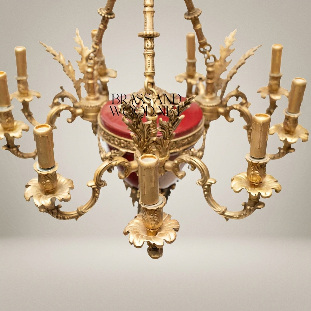 French Empire Six-Arm Chandelier with Wine Ceramic Bowl and Acanthus Brass Mounts — Antique Gold