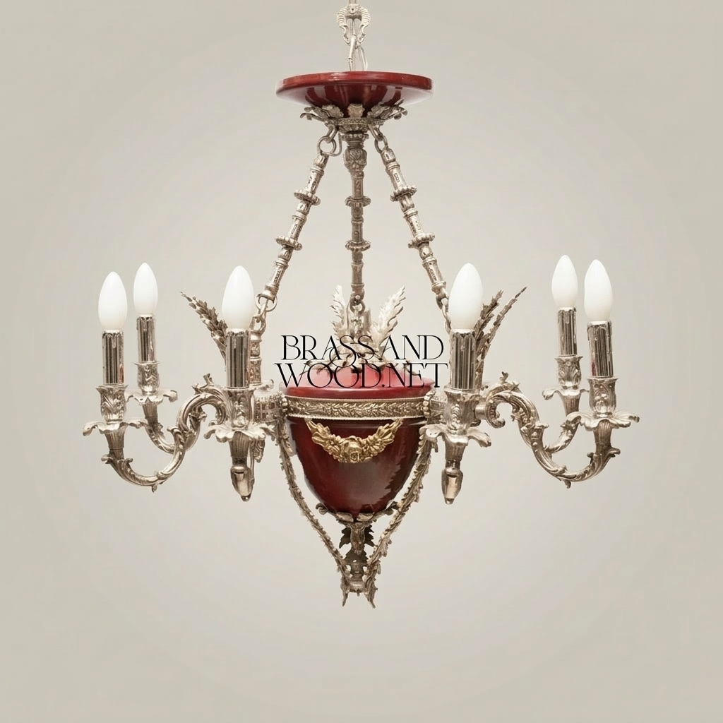 French Empire Six-Arm Chandelier with Wine Ceramic Bowl and Acanthus Brass Mounts — Silver