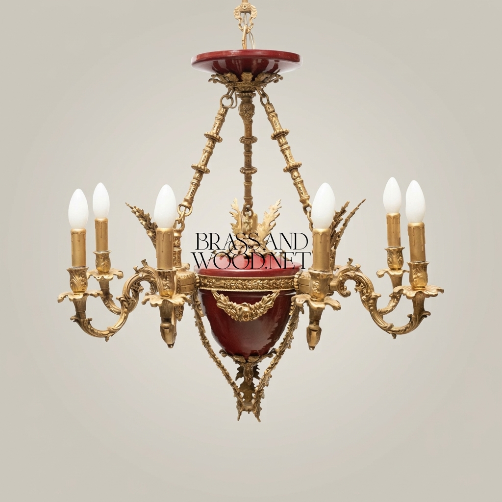 French Empire Six-Arm Chandelier with Wine Ceramic Bowl and Acanthus Brass Mounts — Antique Gold