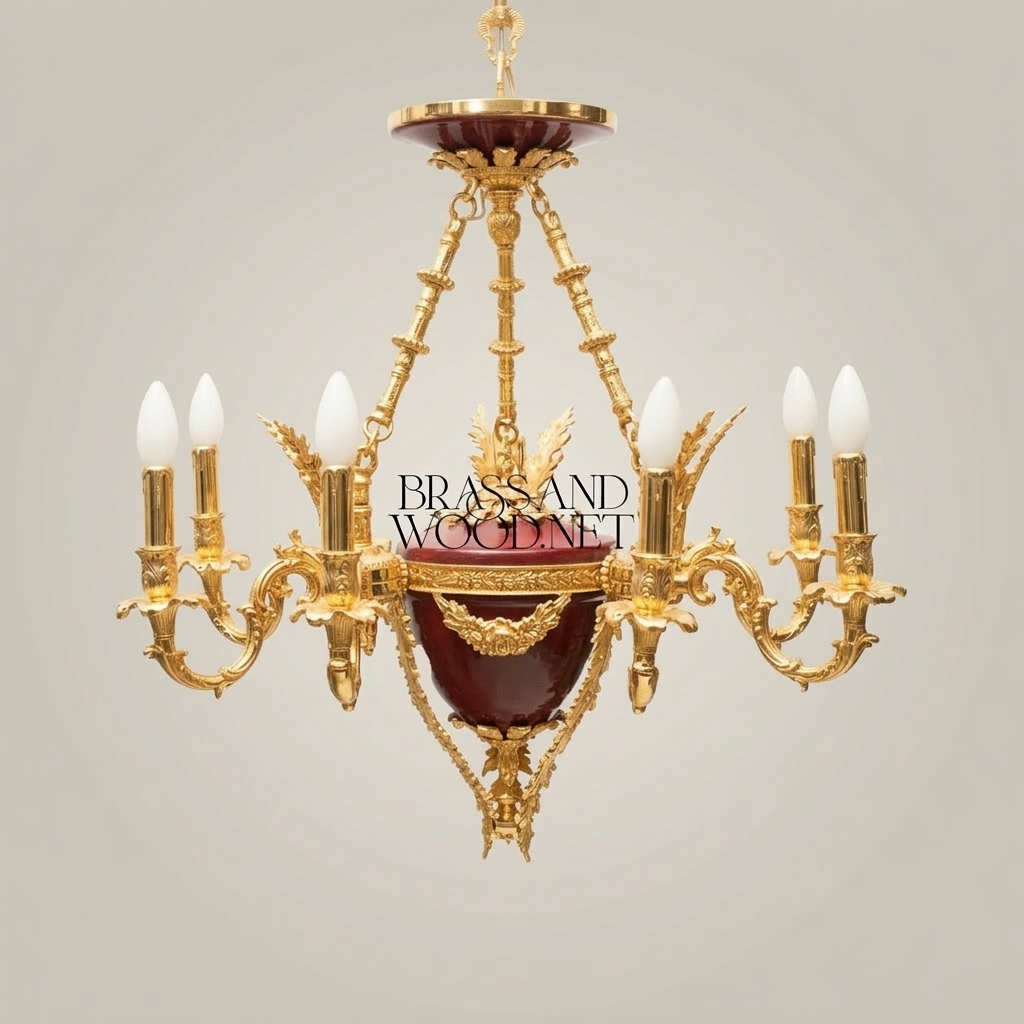 French Empire Six-Arm Chandelier with Wine Ceramic Bowl and Acanthus Brass Mounts — Gold