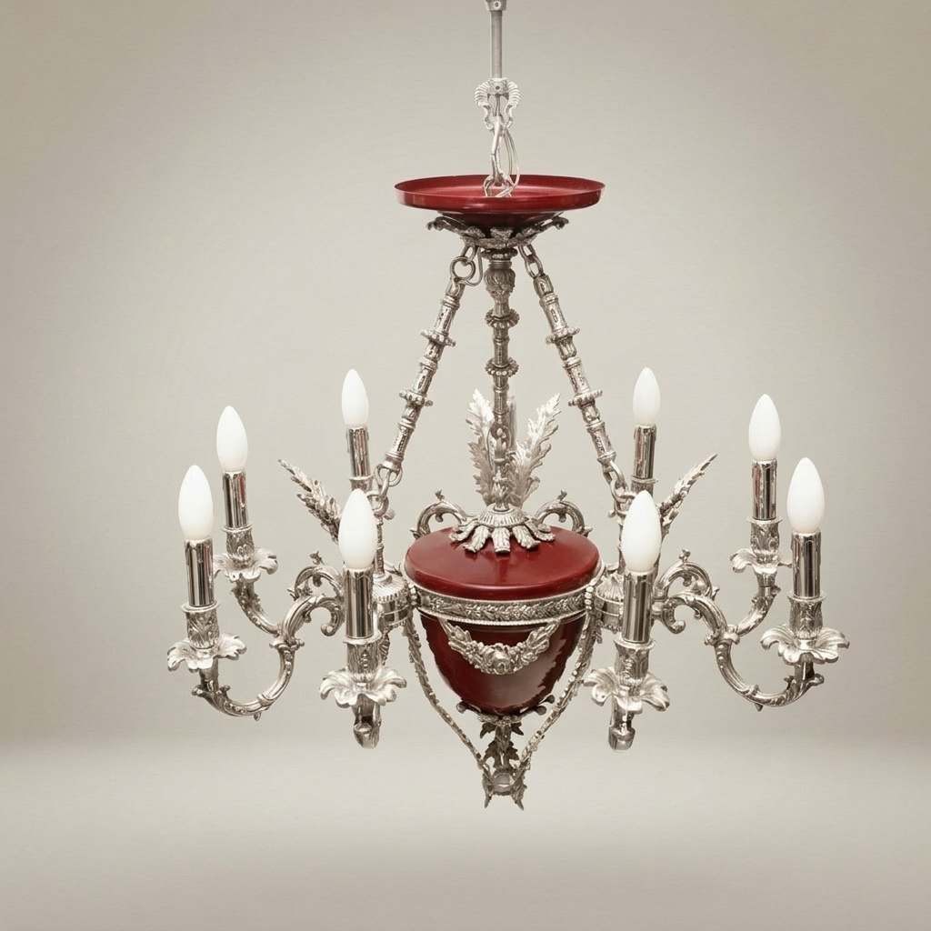 French Empire Six-Arm Chandelier with Wine Ceramic Bowl and Acanthus Brass Mounts — Silver