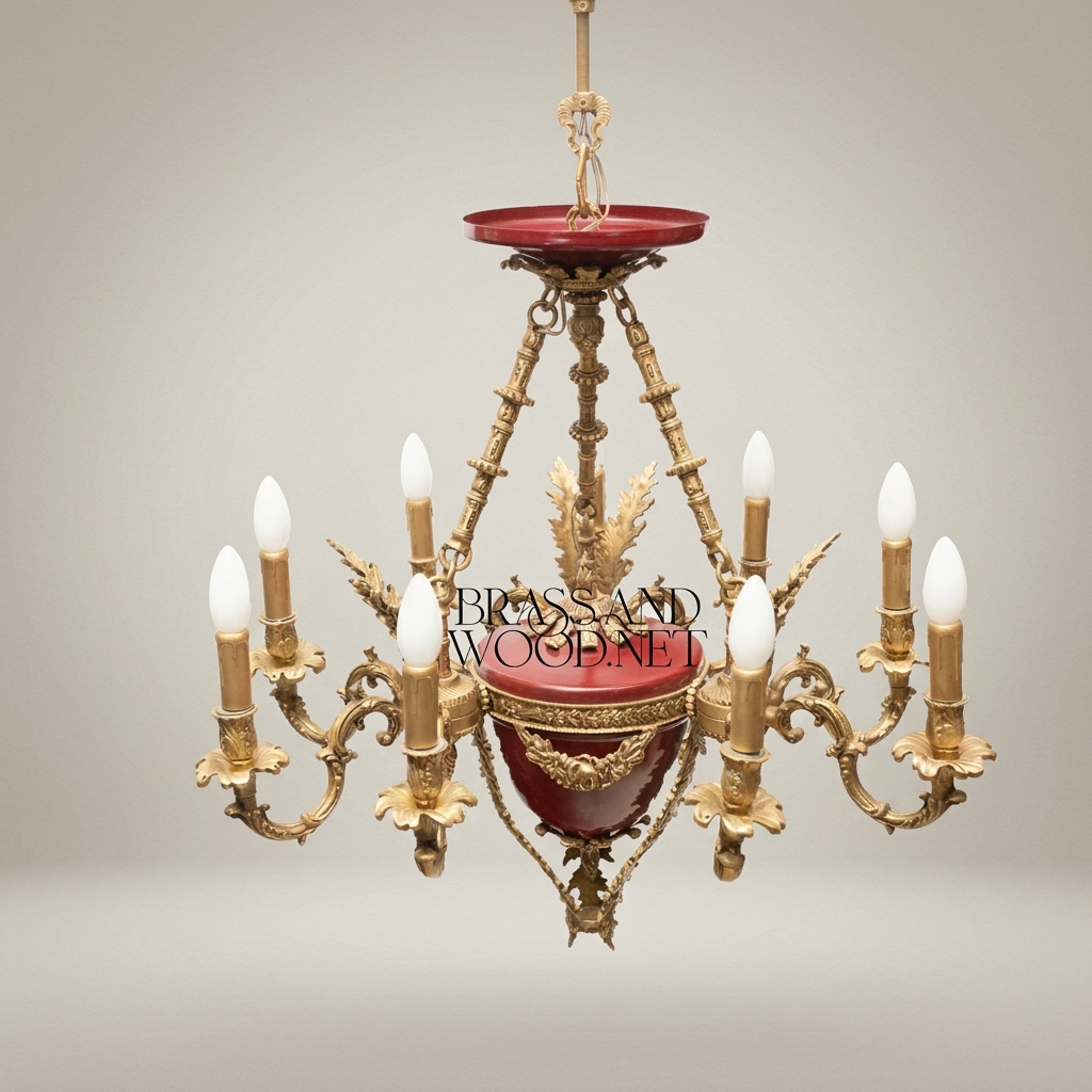 French Empire Six-Arm Chandelier with Wine Ceramic Bowl and Acanthus Brass Mounts — Antique Gold