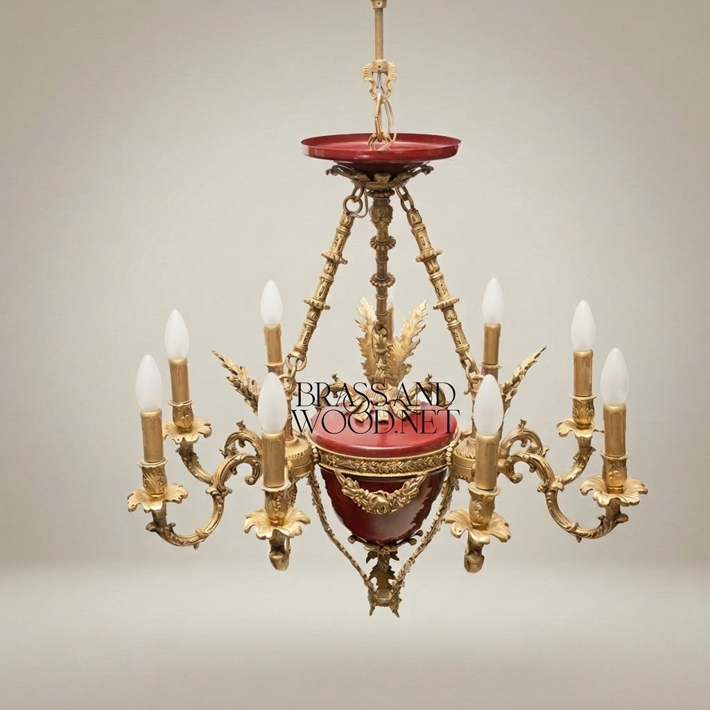 French Empire Six-Arm Chandelier with Wine Ceramic Bowl and Acanthus Brass Mounts