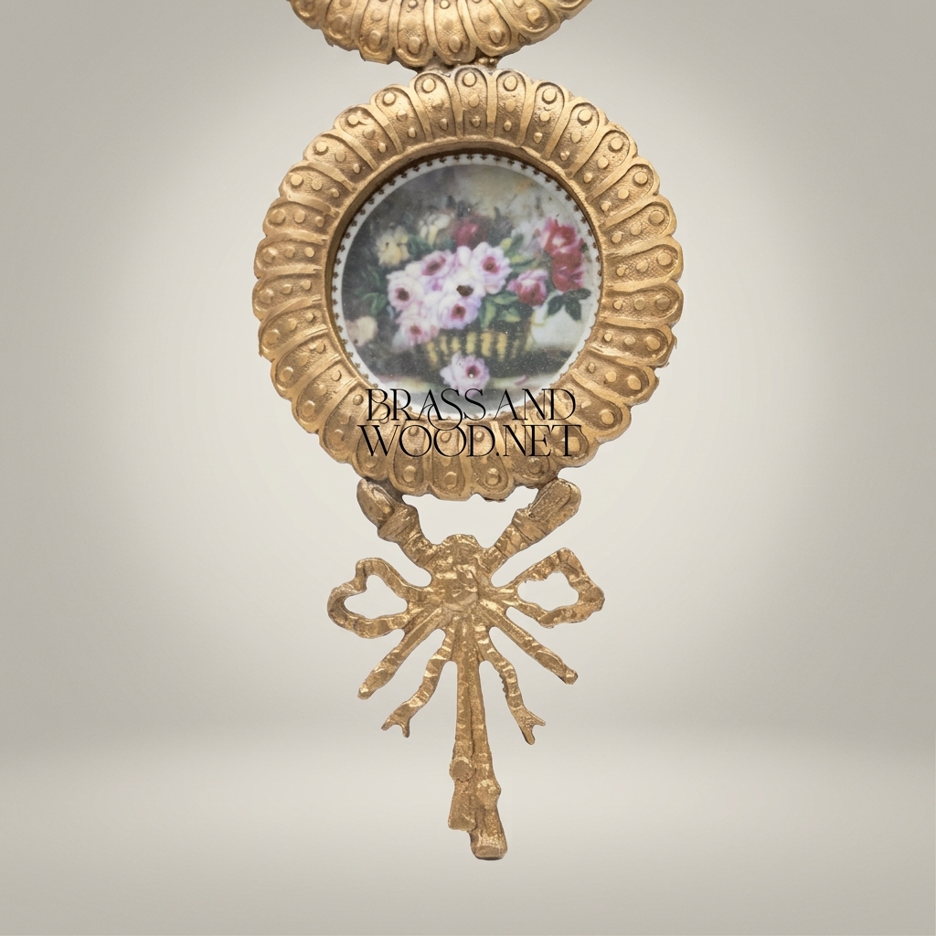 French Neoclassical Brass Double Medallion Wall Frame - Floral Miniature with Palmette Crown & Bow Drop — Antique Gold