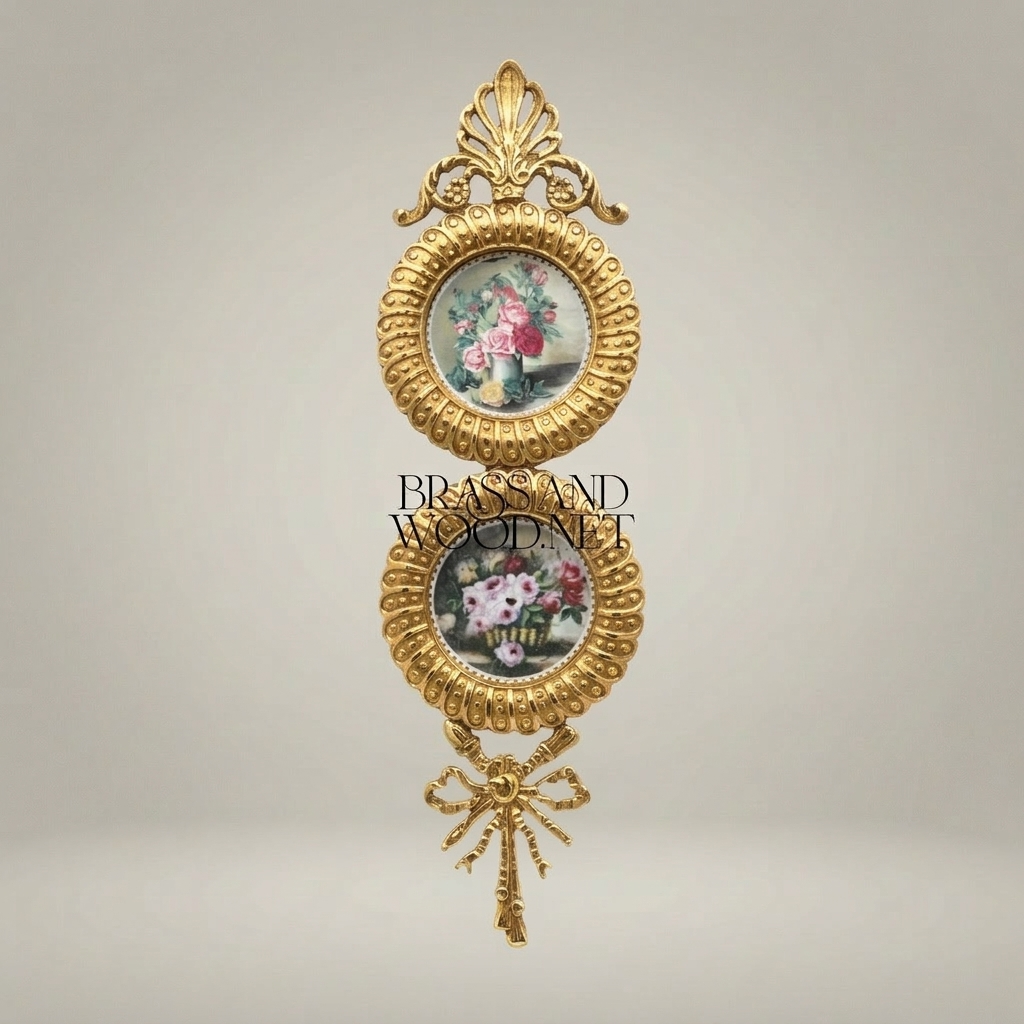 French Neoclassical Brass Double Medallion Wall Frame - Floral Miniature with Palmette Crown & Bow Drop — Gold
