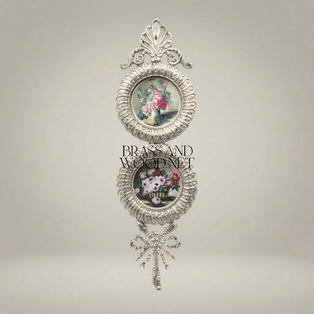 French Neoclassical Brass Double Medallion Wall Frame - Floral Miniature with Palmette Crown & Bow Drop — Silver