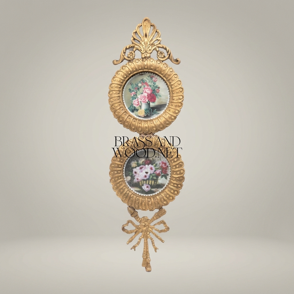 French Neoclassical Brass Double Medallion Wall Frame - Floral Miniature with Palmette Crown & Bow Drop — Antique Gold