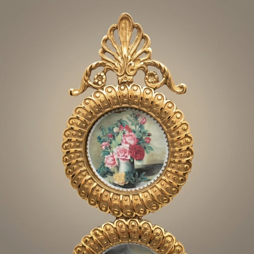 French Neoclassical Brass Double Medallion Wall Frame - Floral Miniature with Palmette Crown & Bow Drop — Gold