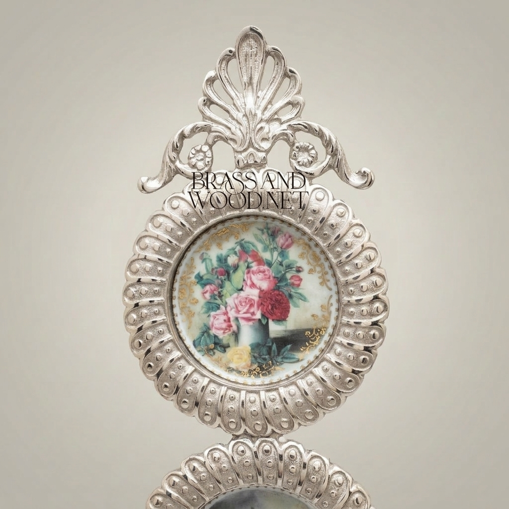 French Neoclassical Brass Double Medallion Wall Frame - Floral Miniature with Palmette Crown & Bow Drop — Silver