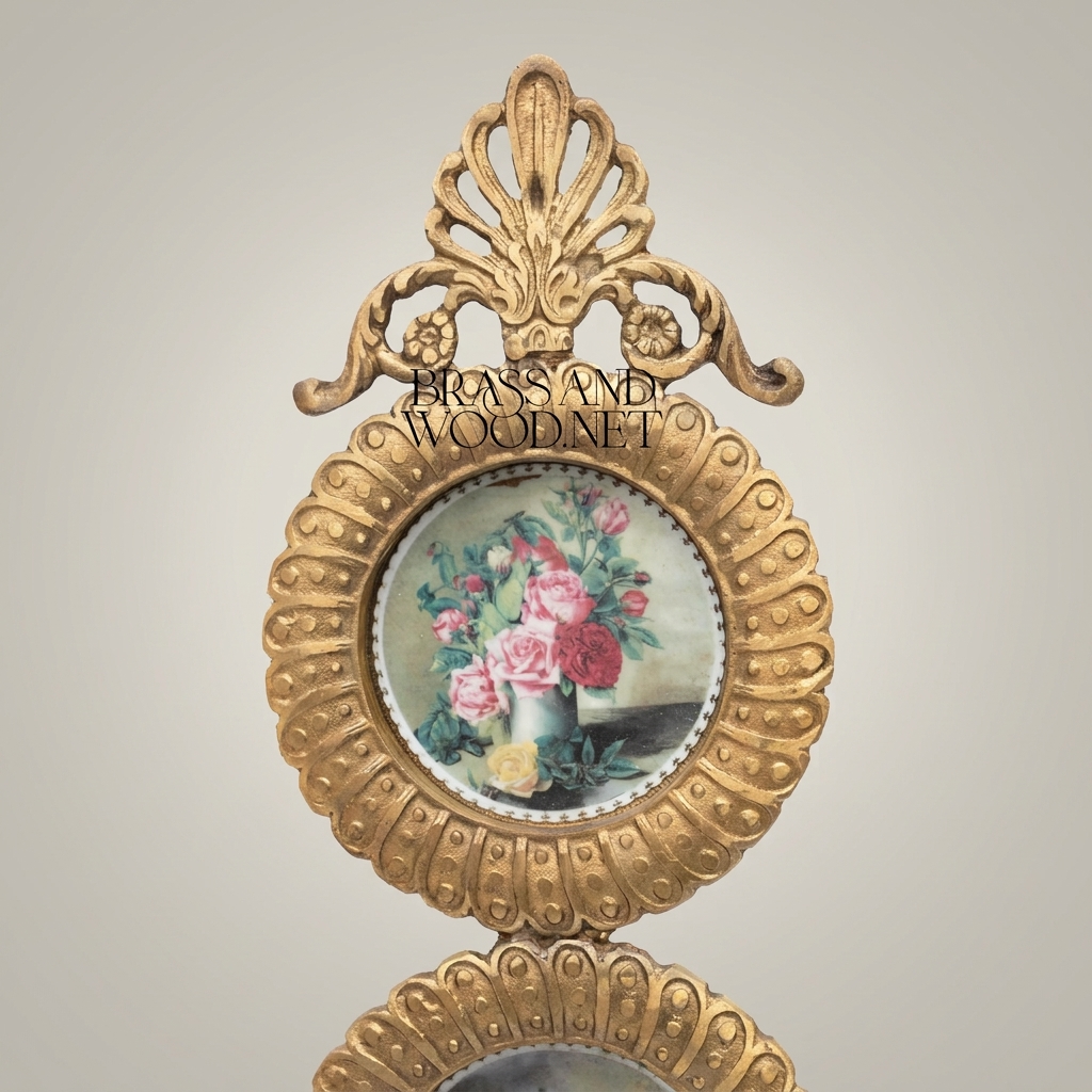 French Neoclassical Brass Double Medallion Wall Frame - Floral Miniature with Palmette Crown & Bow Drop — Antique Gold