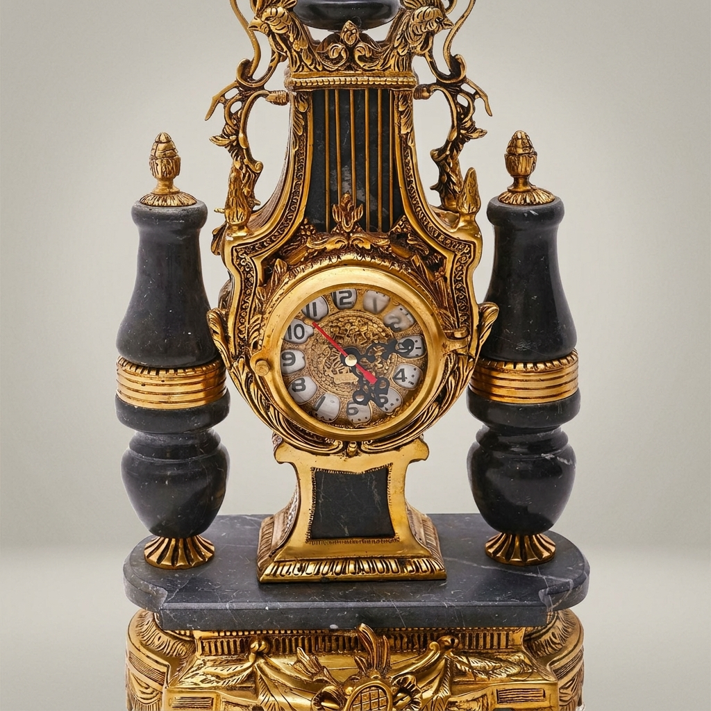 French Neoclassical Marble & Brass Mantel Clock Set with Lyre Motif and Twin Candelabras — Antique Gold