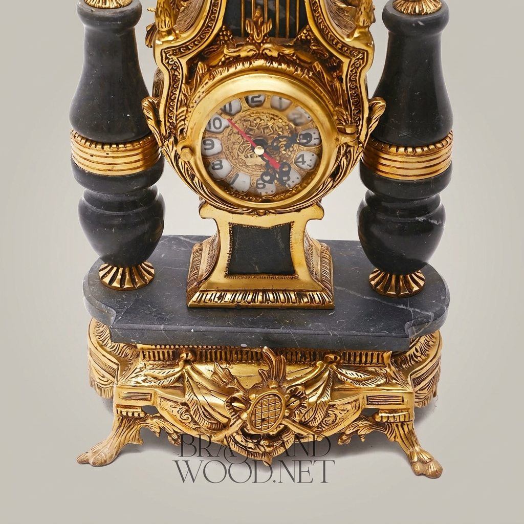 French Neoclassical Marble & Brass Mantel Clock Set with Lyre Motif and Twin Candelabras — Antique Gold