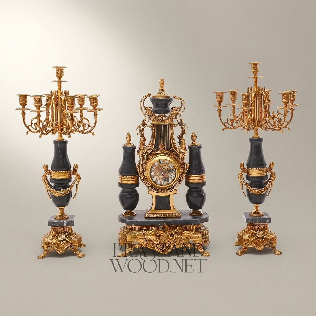 French Neoclassical Marble & Brass Mantel Clock Set with Lyre Motif and Twin Candelabras — Gold