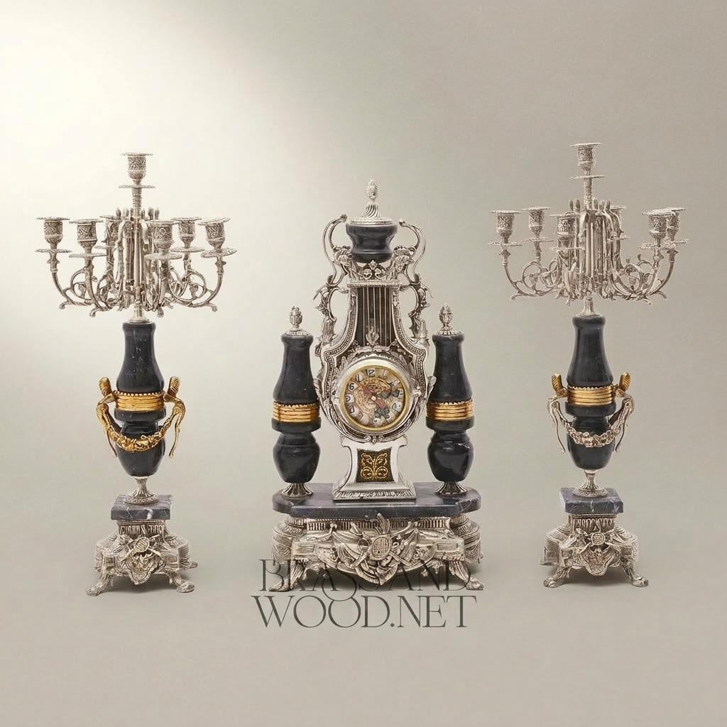 French Neoclassical Marble & Brass Mantel Clock Set with Lyre Motif and Twin Candelabras — Silver