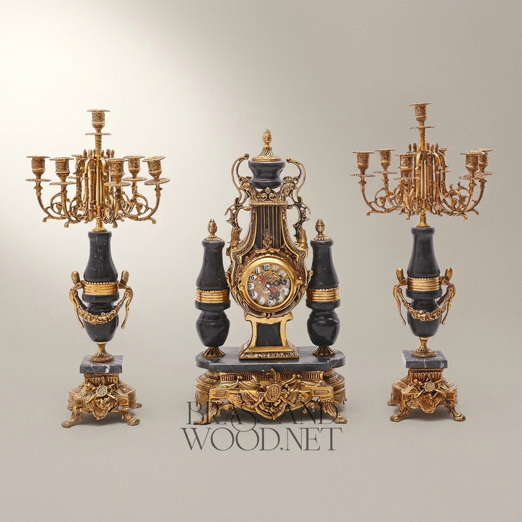French Neoclassical Marble & Brass Mantel Clock Set with Lyre Motif and Twin Candelabras — Antique Gold