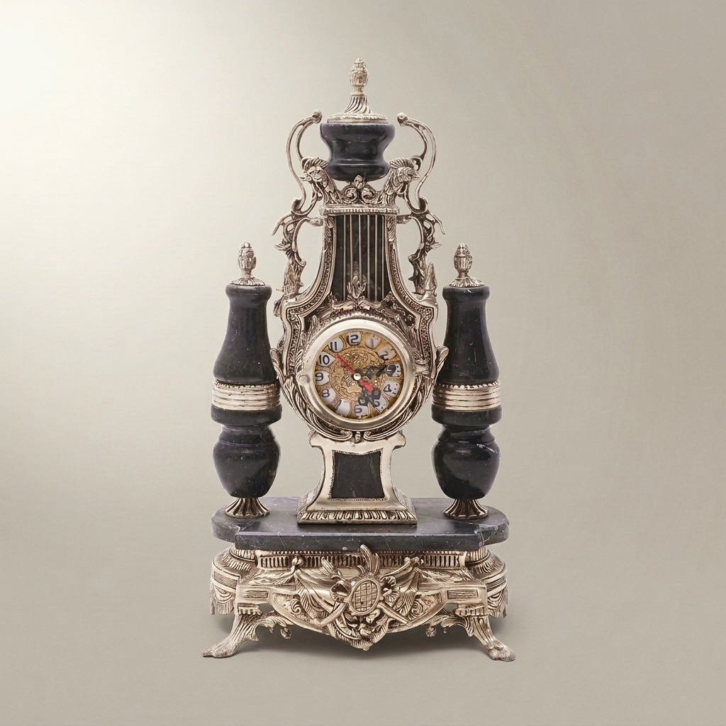 French Neoclassical Marble & Brass Mantel Clock Set with Lyre Motif and Twin Candelabras — Silver