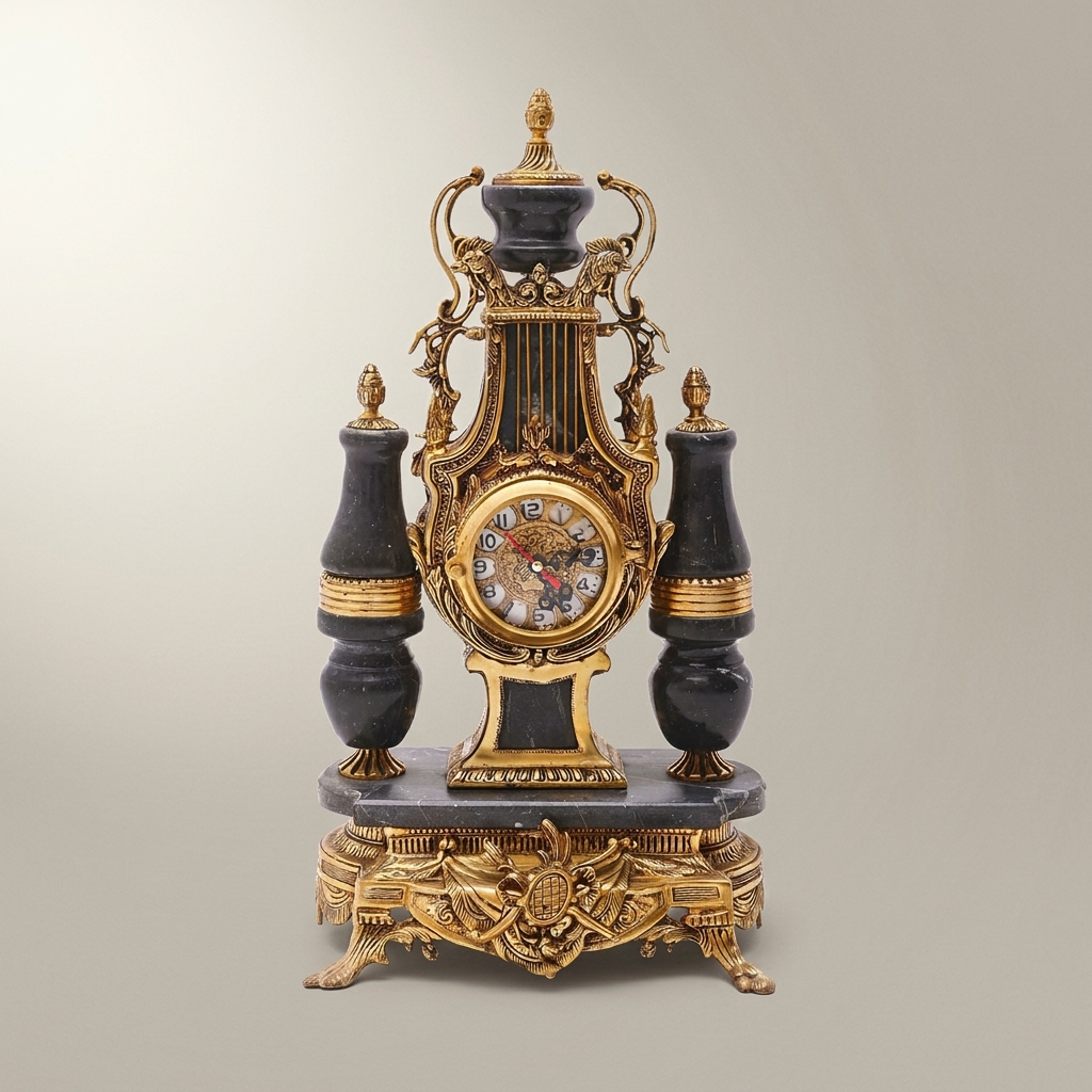 French Neoclassical Marble & Brass Mantel Clock Set with Lyre Motif and Twin Candelabras — Antique Gold
