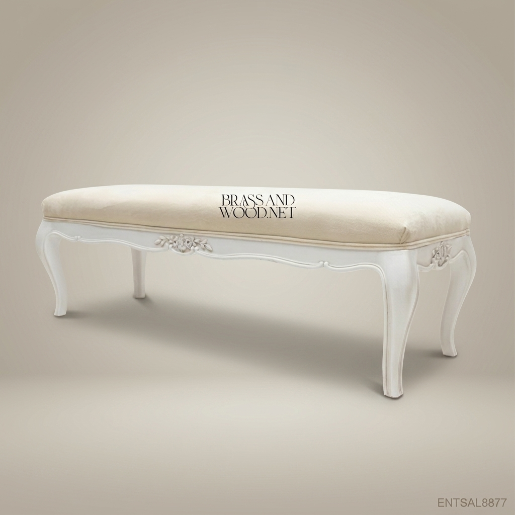 French Provincial Carved Bedroom Bench - White Lacquer & Cream Velvet