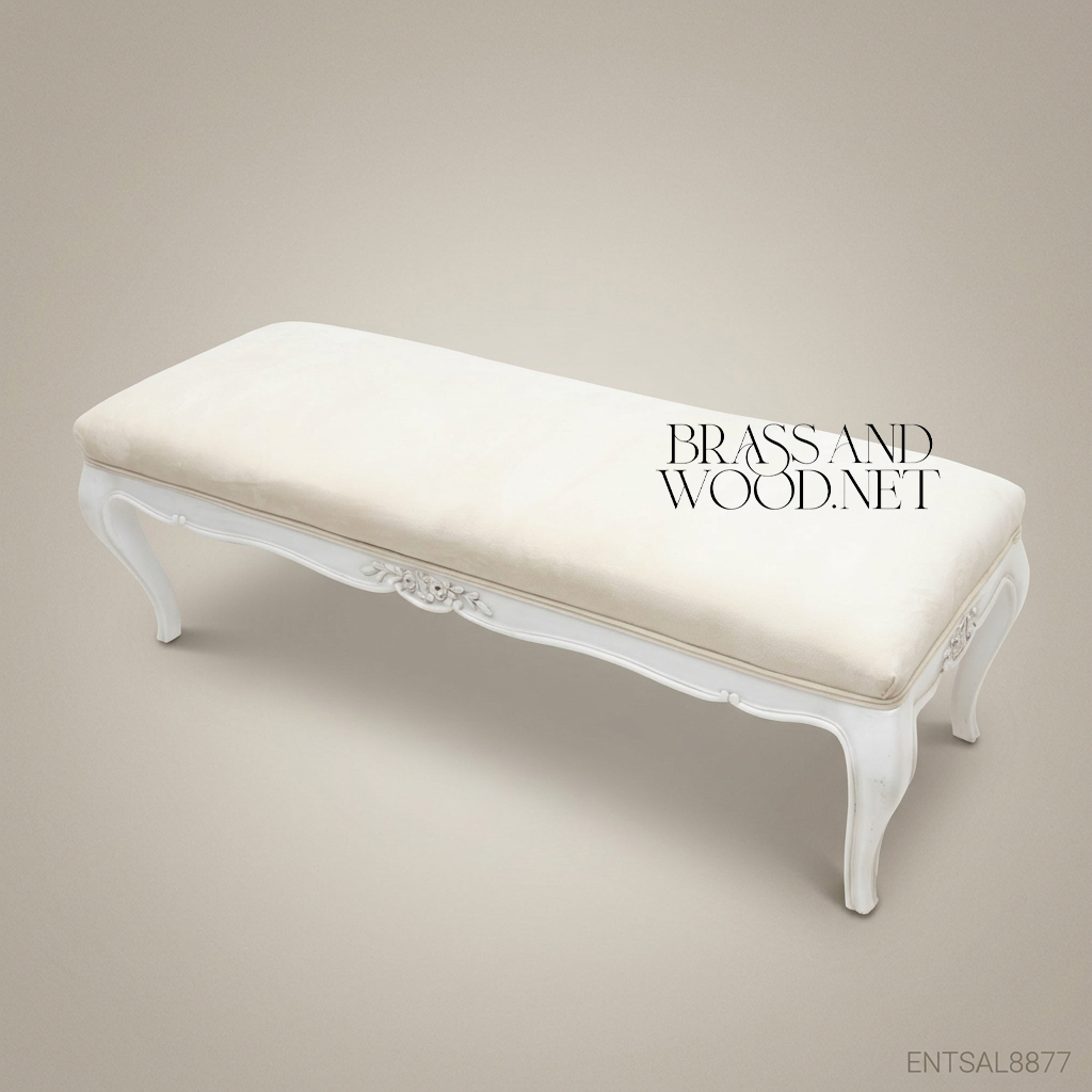 French Provincial Carved Bedroom Bench - White Lacquer & Cream Velvet