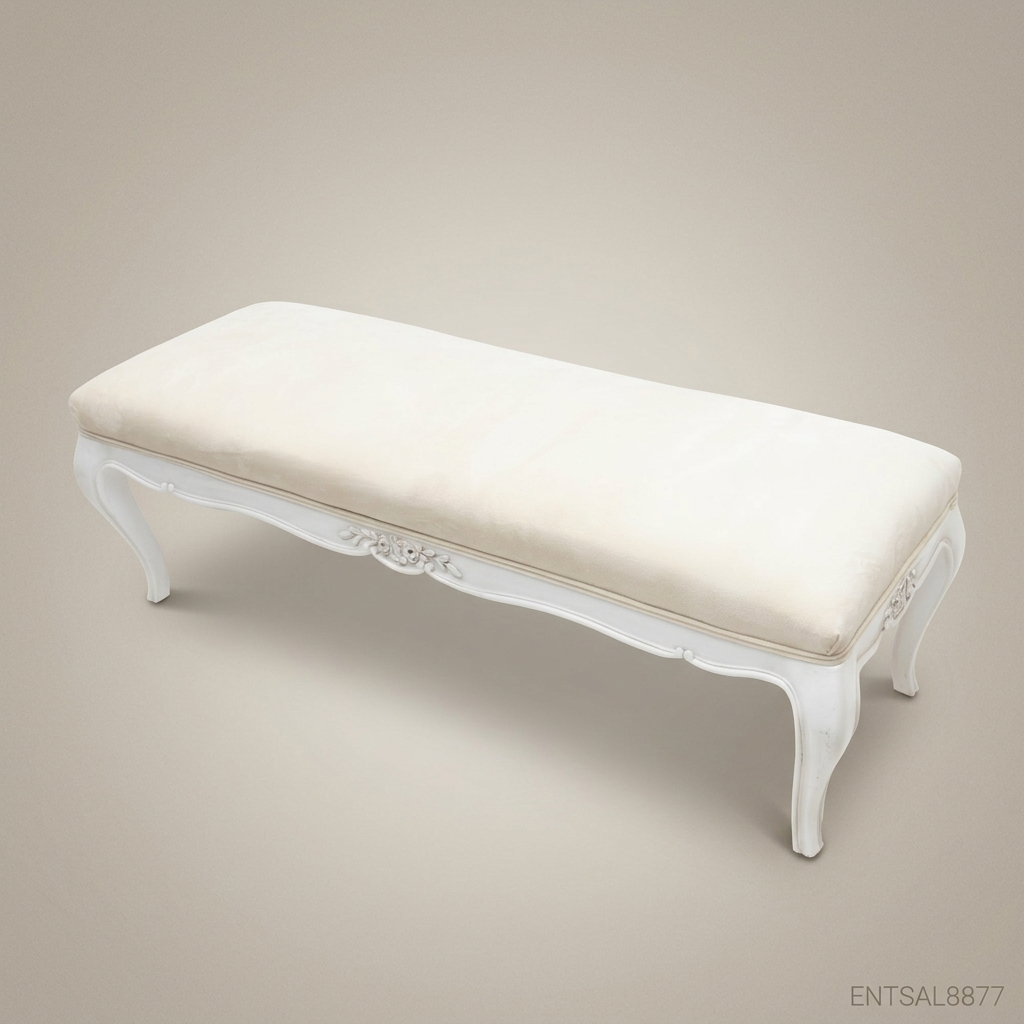 French Provincial Carved Bedroom Bench - White Lacquer & Cream Velvet