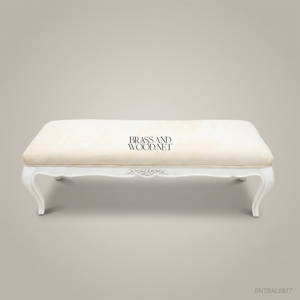 French Provincial Carved Bedroom Bench - White Lacquer & Cream Velvet