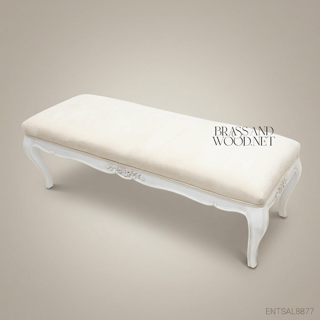 French Provincial Carved Bedroom Bench - White Lacquer & Cream Velvet