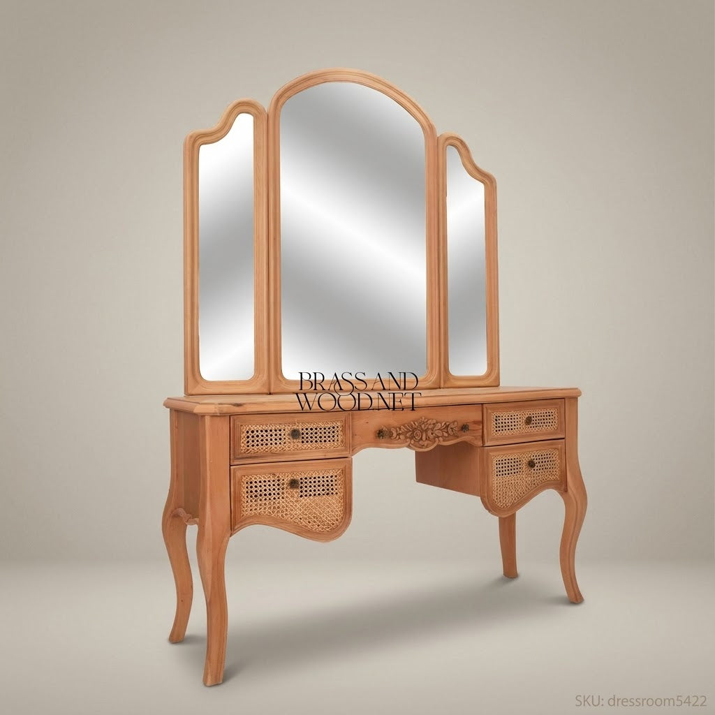 French Provincial Carved Redwood Dressing Table with Tri-Fold Mirror & Cane Drawer Fronts