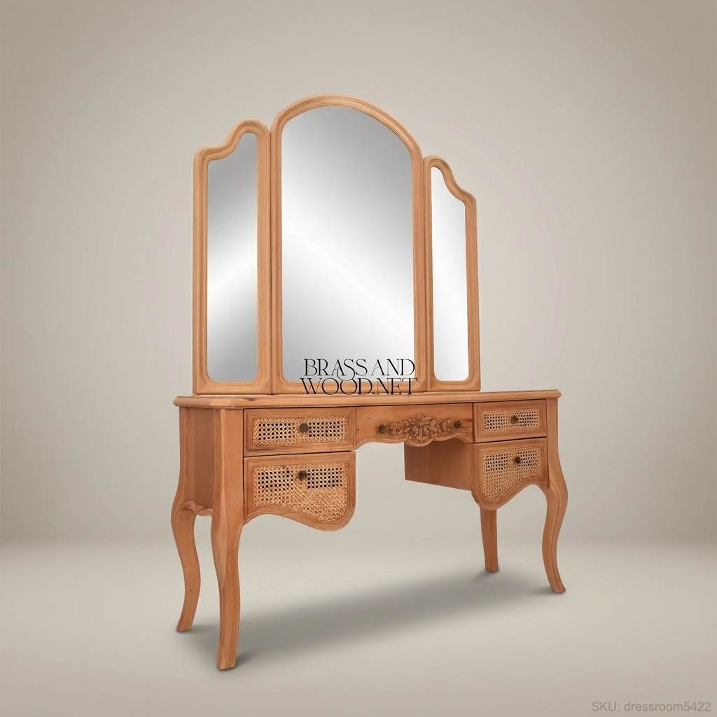 French Provincial Carved Redwood Dressing Table with Tri-Fold Mirror & Cane Drawer Fronts