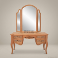 French Provincial Carved Redwood Dressing Table with Tri-Fold Mirror & Cane Drawer Fronts