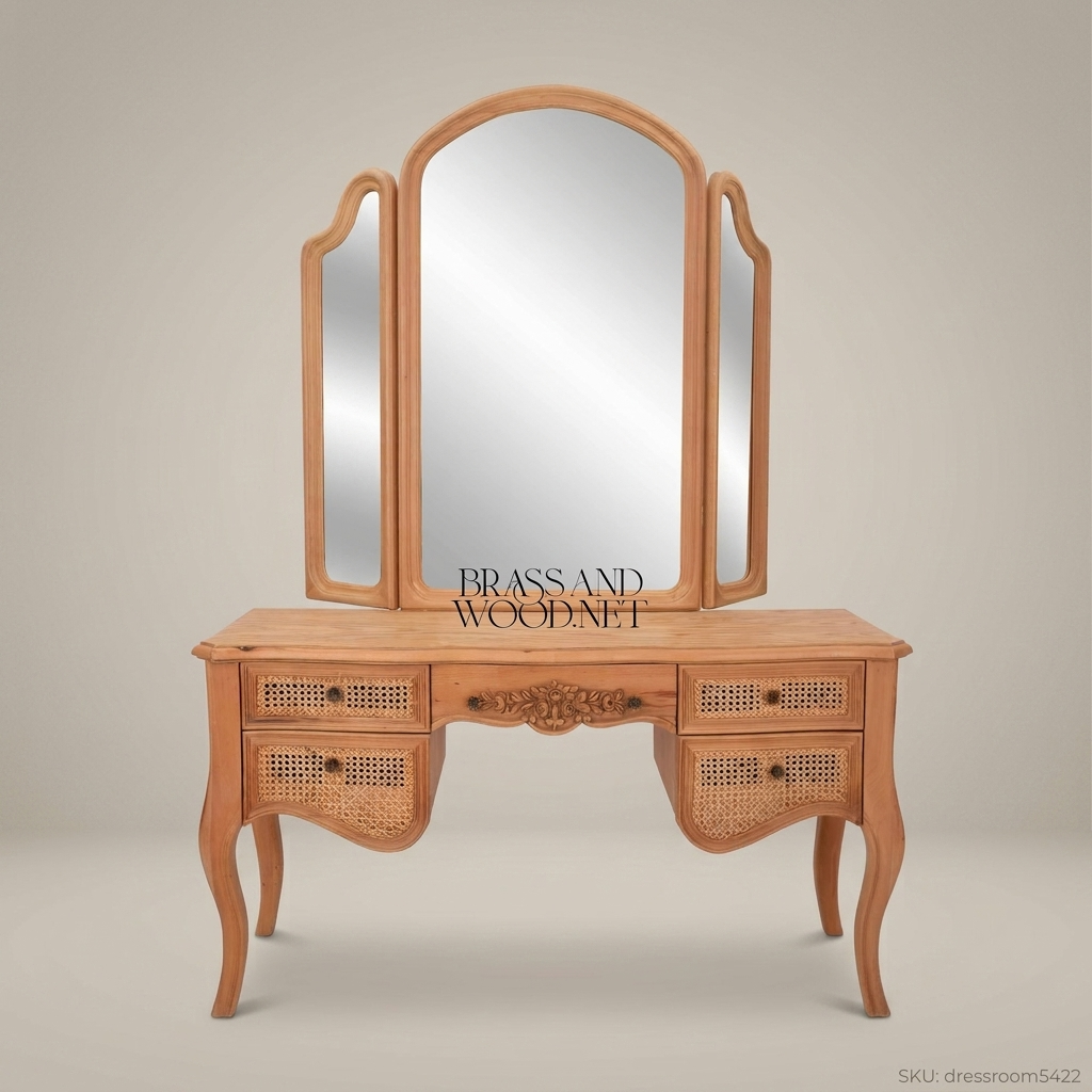 French Provincial Carved Redwood Dressing Table with Tri-Fold Mirror & Cane Drawer Fronts