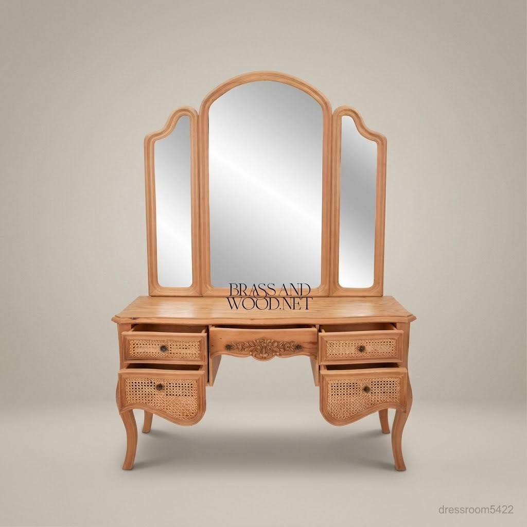 French Provincial Carved Redwood Dressing Table with Tri-Fold Mirror & Cane Drawer Fronts