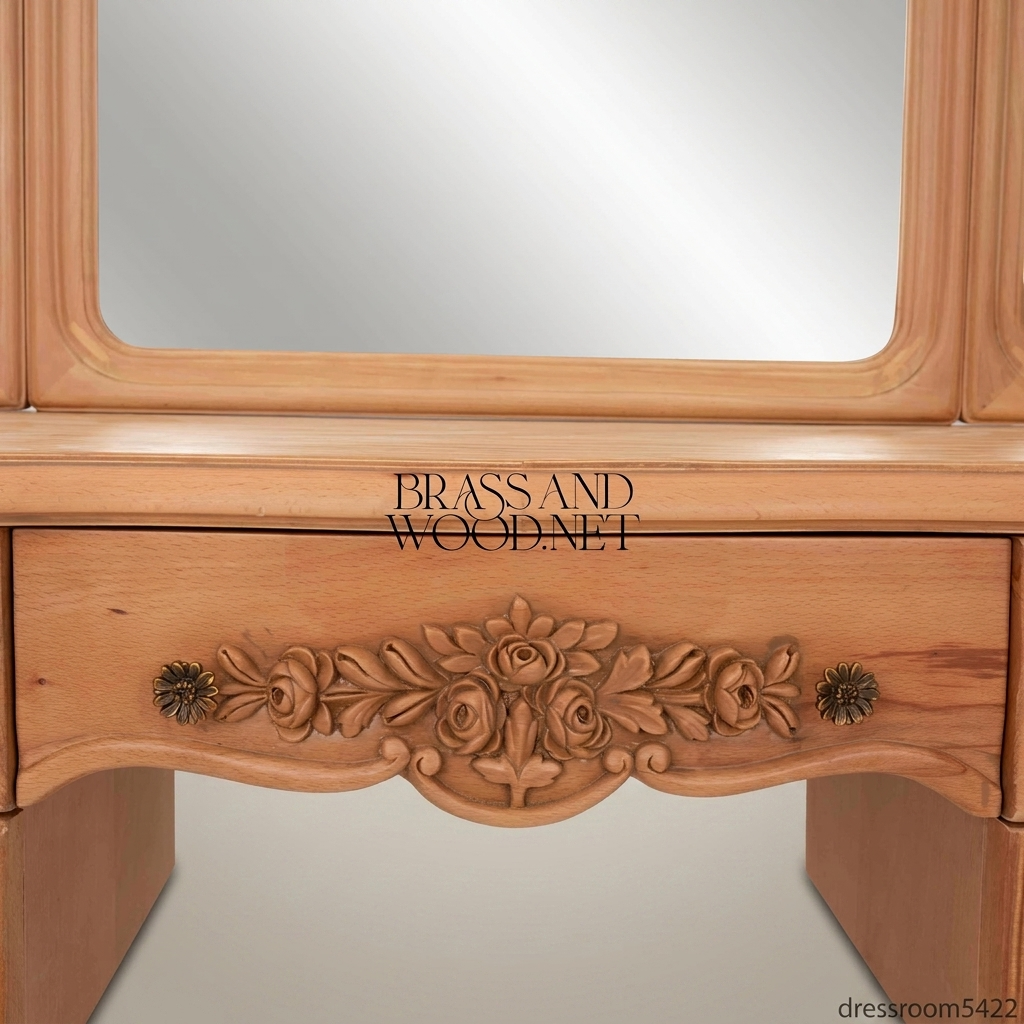 French Provincial Carved Redwood Dressing Table with Tri-Fold Mirror & Cane Drawer Fronts